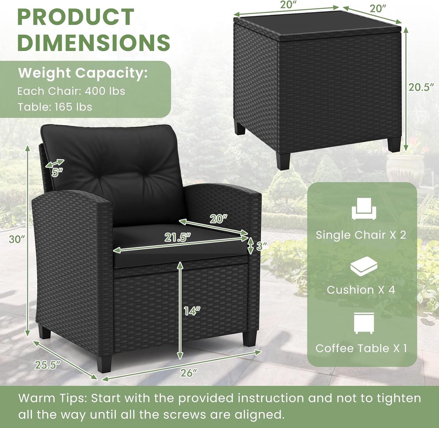 3 Pieces Patio Furniture Set, Wicker Conversation Set Outdoor Chairs with Cushions, Glass Coffee Table, Rattan Bistro Set for Front Porch Balcony Garden Deck Poolside (Black)-4