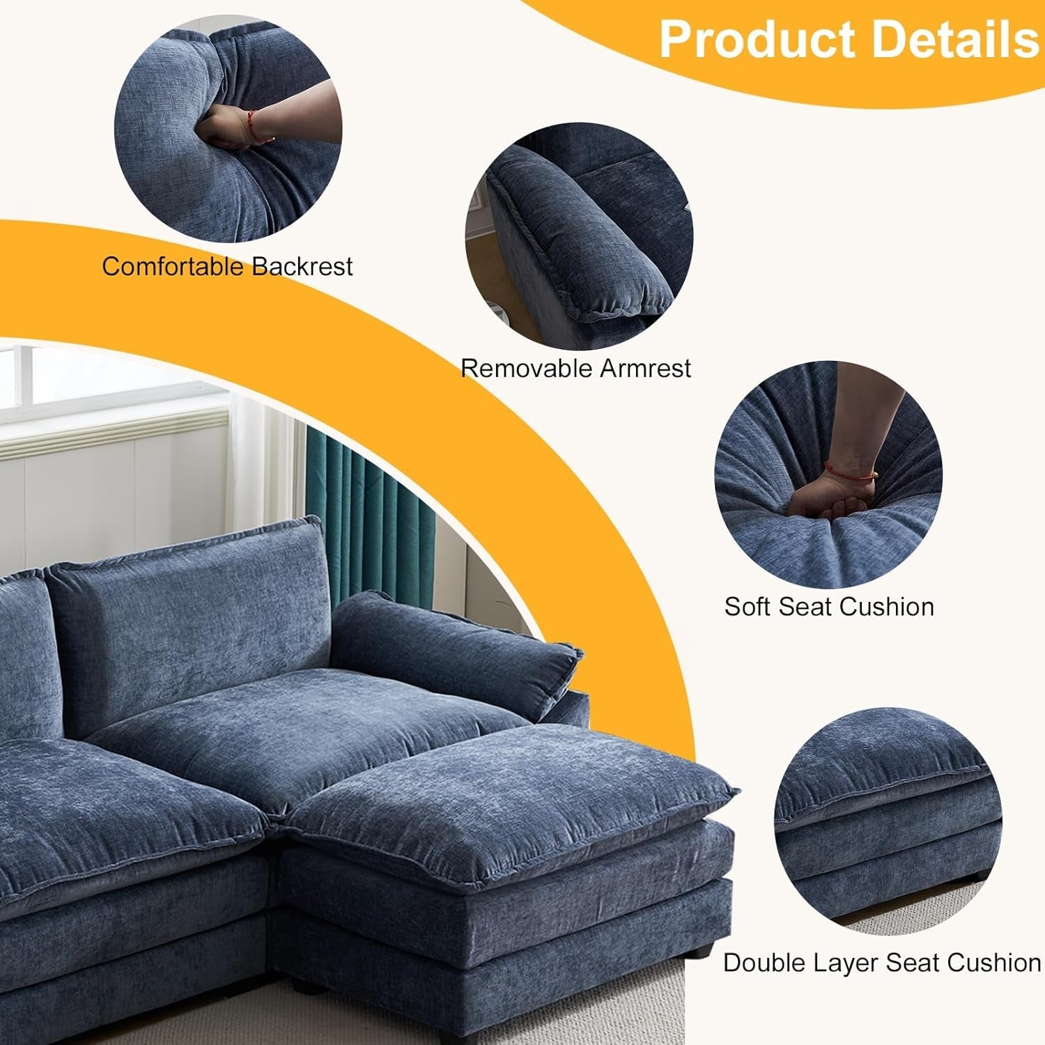 Sectional Sofa Modular Deep Seat Sofa Couch with Ottoman, Chenille Sofa Sleeper Comfy Upholstered Furniture for Living Room, Apartment, Studio, Office, (3-Seat & 1-Ottoman, Dusty-Blue)-2