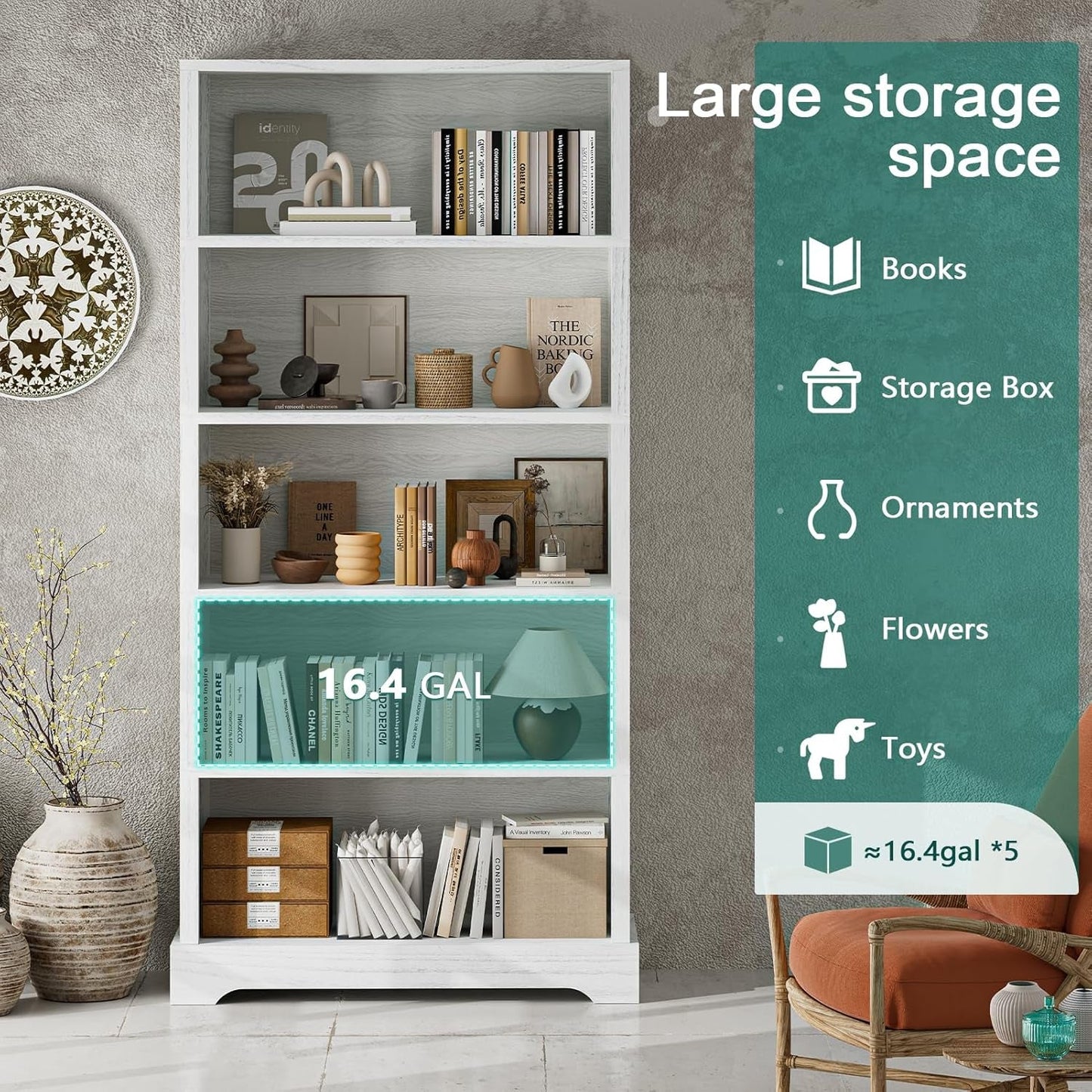 5-Shelf Wood Bookcase, 65 Inch Tall Bookshelf with Storage, Floor Standing Display Book Shelf-3