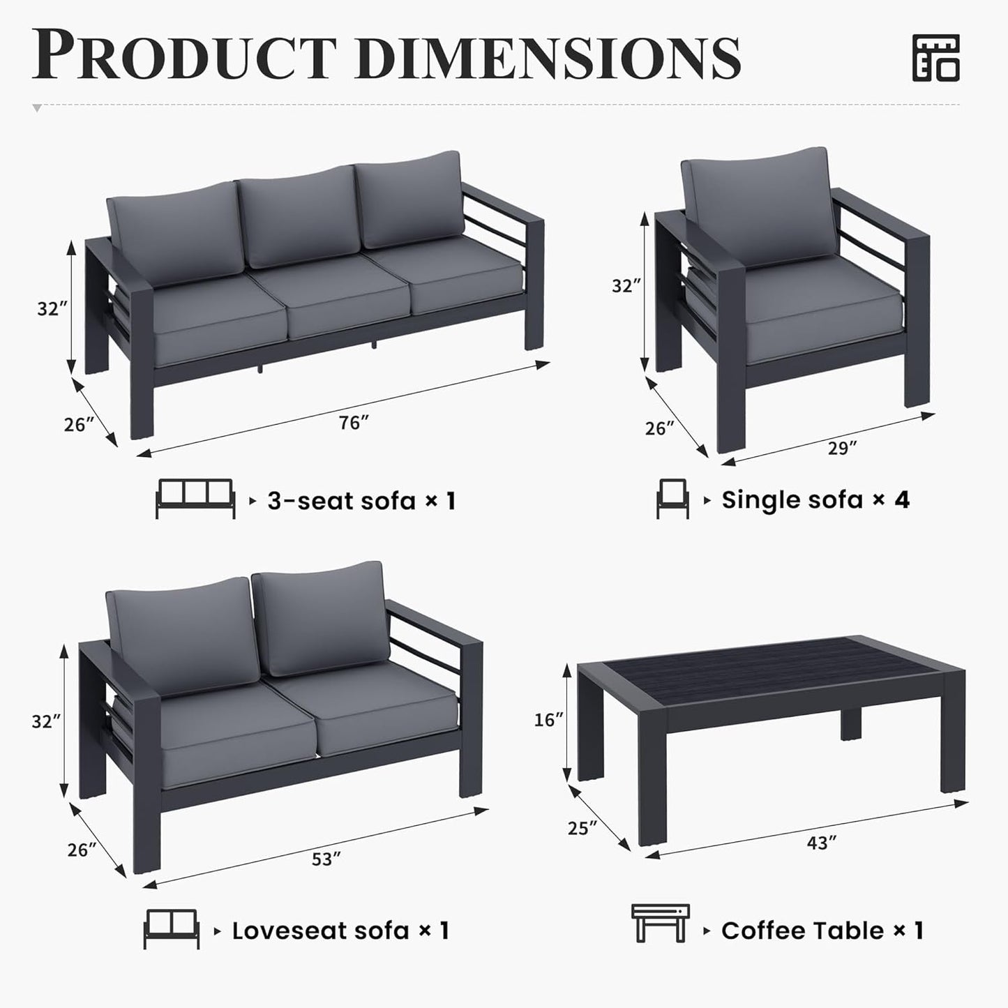 Aluminum Patio Furniture Set, 7 Piece Metal Outdoor Furniture Set, Patio Furniture Set with Waterproof Covers for Backyard Garden（Grey）-4