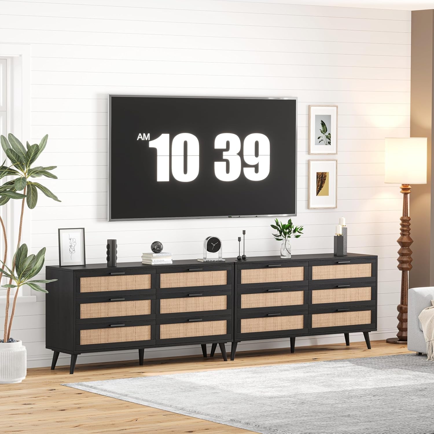 6 Drawer Double Dresser for Bedroom, Rattan Chest of Dressers, Modern Wooden Dresser Chest with Golden Handles, beside Table for Closet, Living Room and Entryway, Black and Natural-4