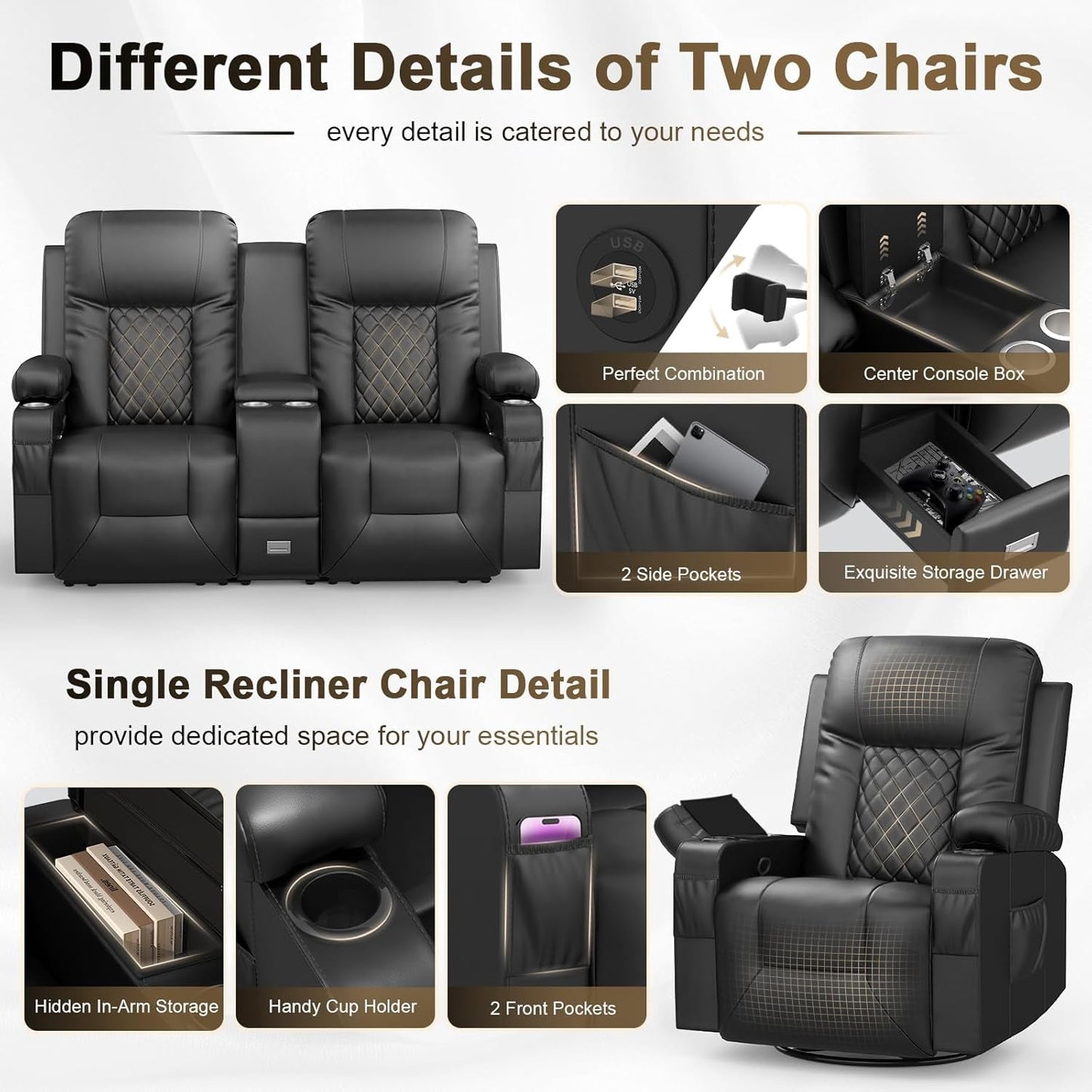 Living Room Furniture Set, Loveseat Recliner and 2PC Massage Recliner Chair, Luxury Reclining Sofa 3PC Set for Living Room (2+1+1)-4