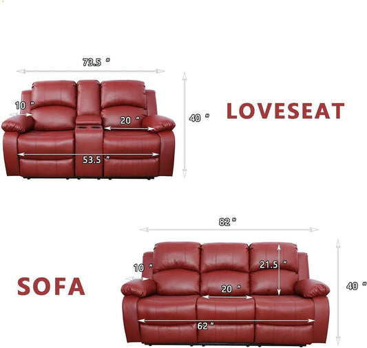 Bonded Leather Living Room Furniture Set Reclining Sofa Set Loveseat Furniture Sets in Living Room Sofa Recliners (Sofa+Loveseat, Red)-1