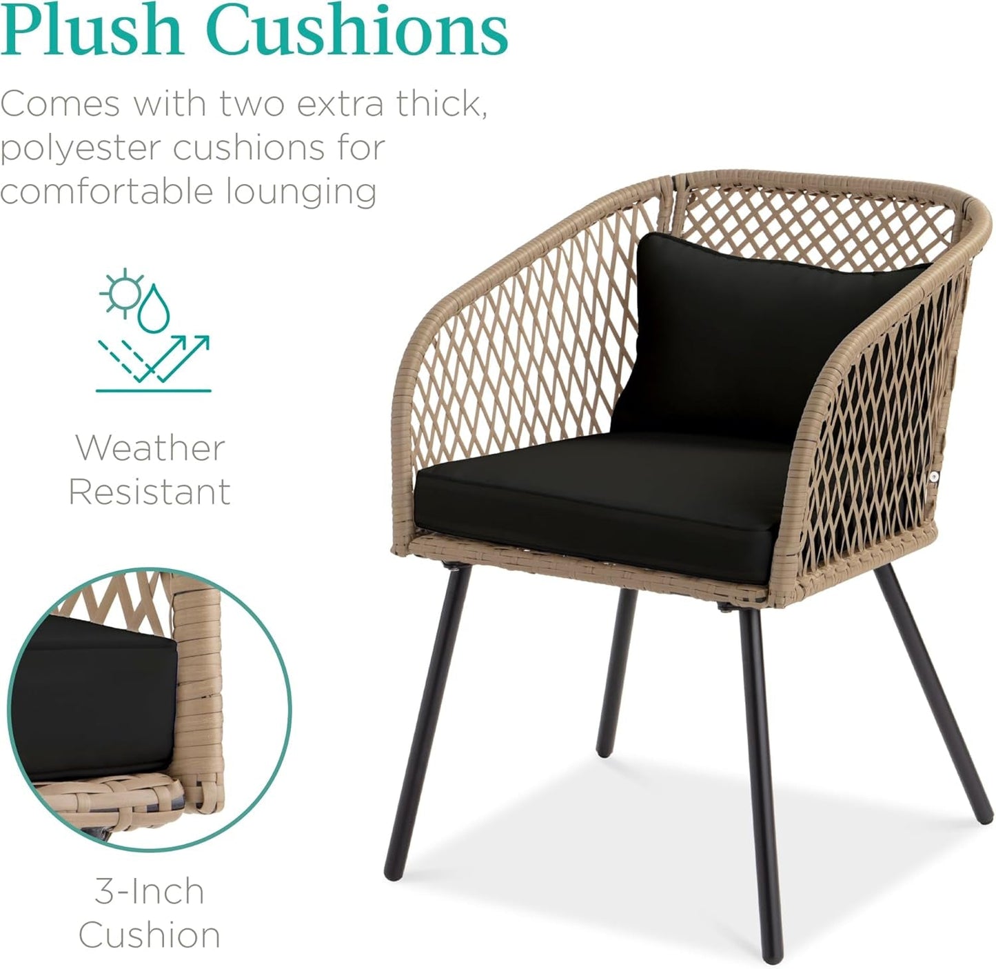 3-Piece Outdoor Wicker Bistro Set, Patio Dining Conversation Furniture for Backyard, Balcony, Porch W/Diamond Weave Design, Tempered Glass Side Table, 2 Chairs - Black-2