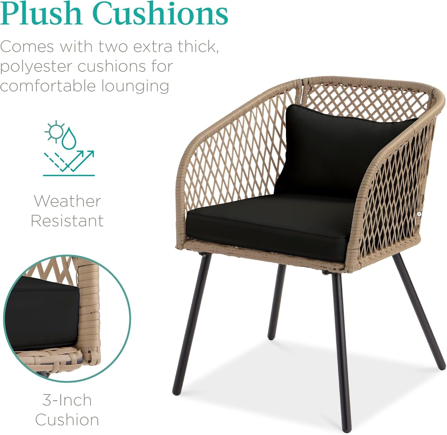 3-Piece Outdoor Wicker Bistro Set, Patio Dining Conversation Furniture for Backyard, Balcony, Porch W/Diamond Weave Design, Tempered Glass Side Table, 2 Chairs - Black-2