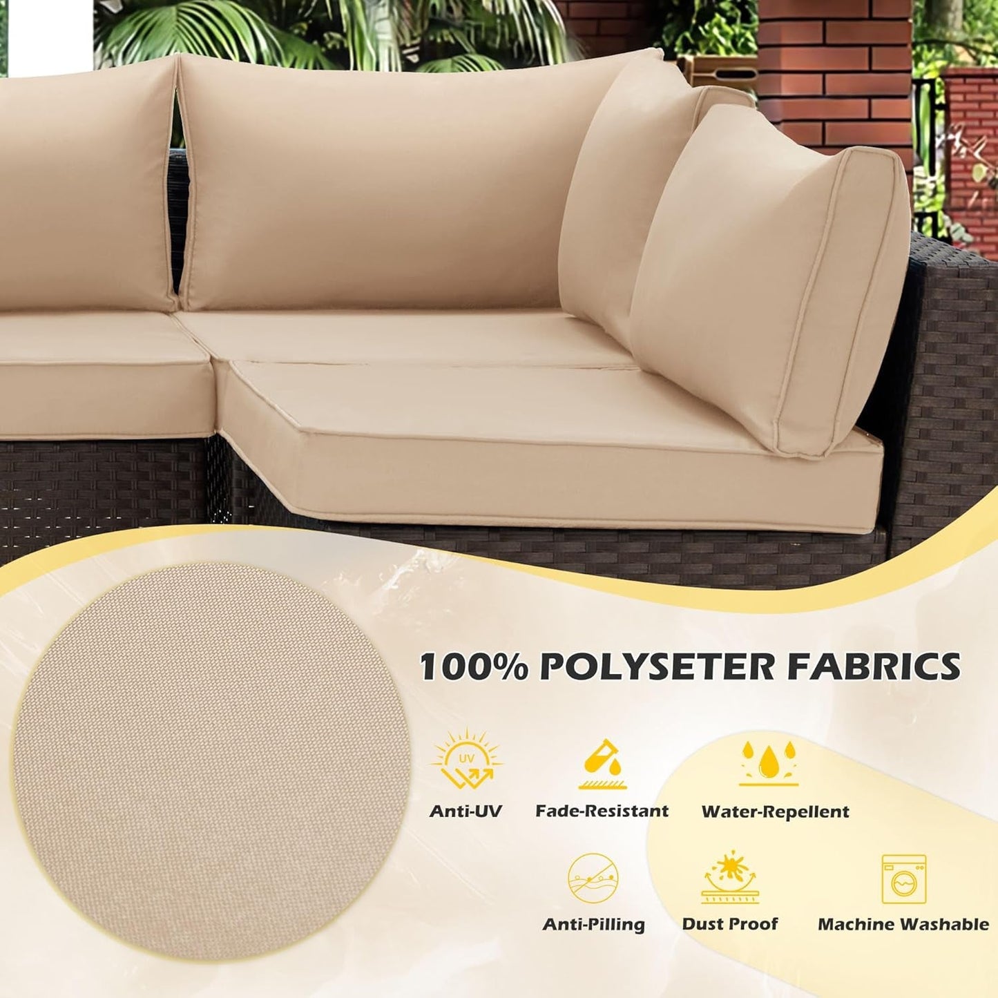 Outdoor Replacement Cushions for Patio Furniture,Water-Repellent Sofa Cushion for 6-Seat Rattan Wicker Sectional Patio Conversation Sets,14-Piece Cushions Set for Outdoor Couch (Khaki)-3