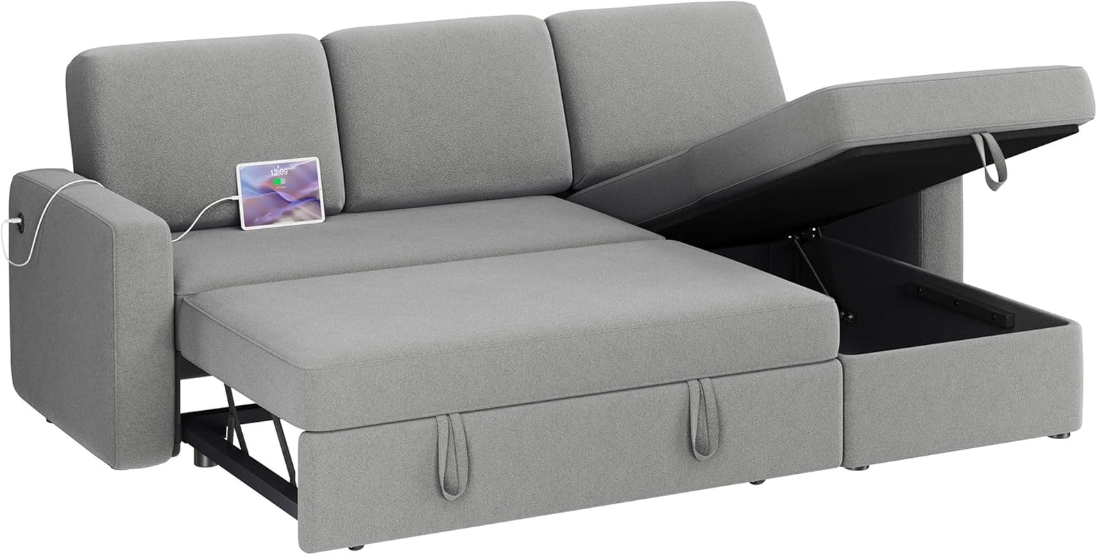Light Gray L-Shaped Sleeper Sectional, USB, Storage-3