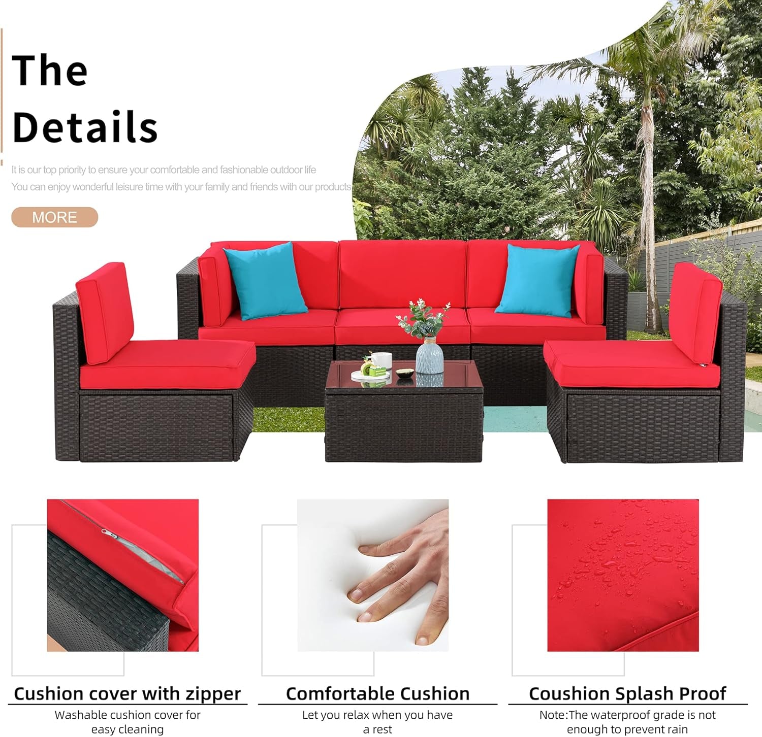 6 Pieces Patio Furniture Sets Outdoor All-Weather Sectional Patio Sofa Set PE Rattan Manual Weaving Wicker Patio Conversation Set with Glass Table&Ottoman Cushion and Red Pillows, Red-3