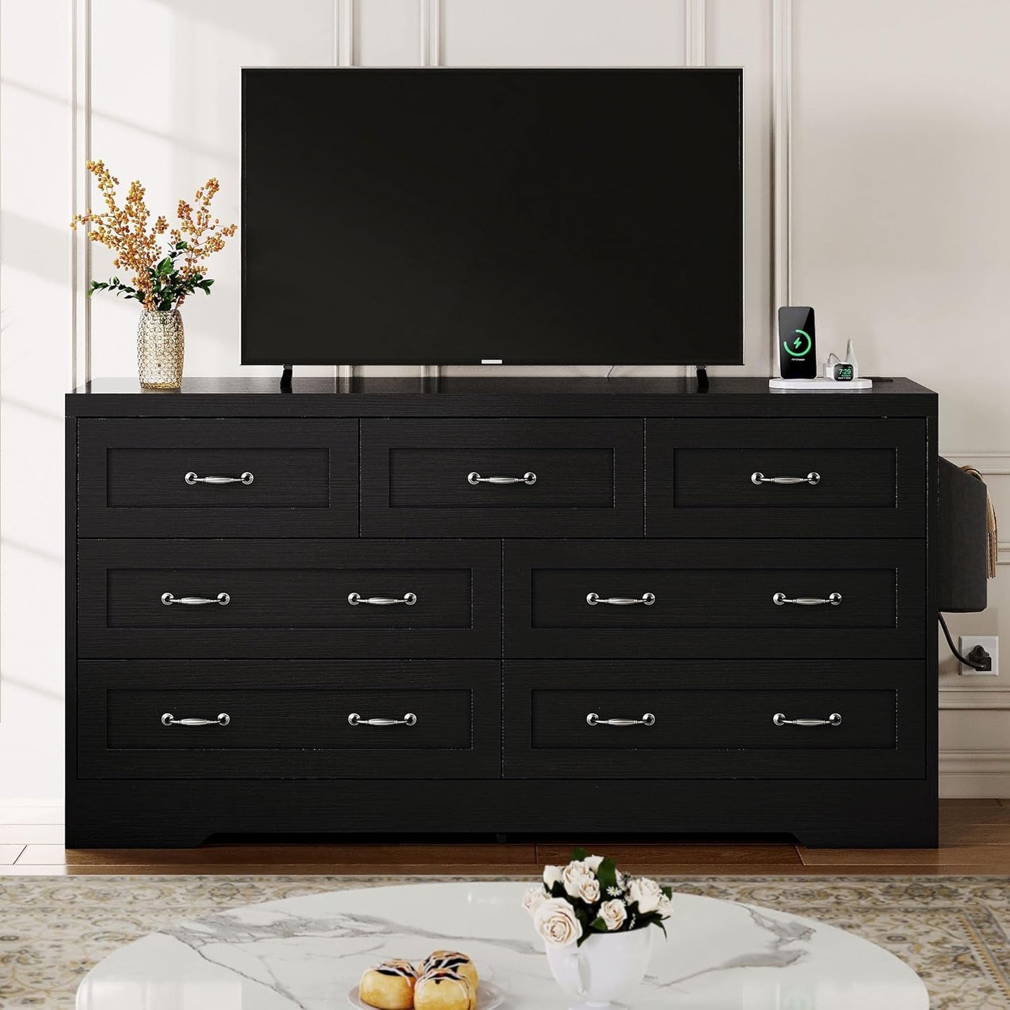 Farmhouse 7 Drawer Dresser for Bedroom, Large Modern Dresser TV Stand with Large Drawers & Bar Handles, Storage Dressers with Power Outlets, Rustic Wood Chest of Drawers, Black-2
