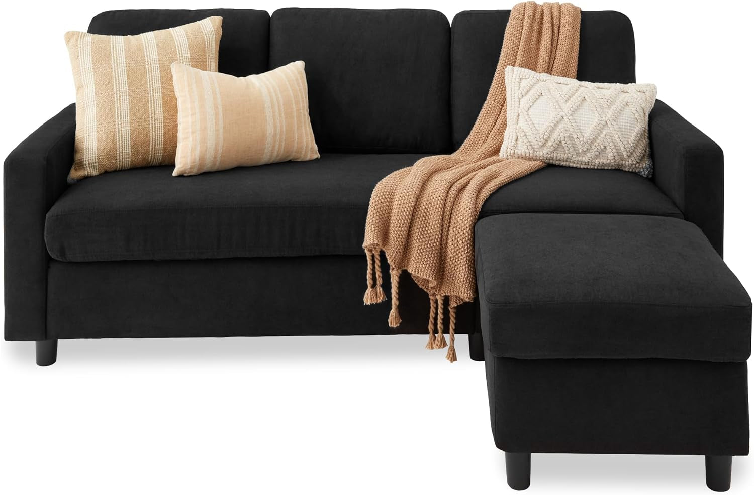 Black 3-Seat L-Shape Sectional Sofa with Ottoman-0