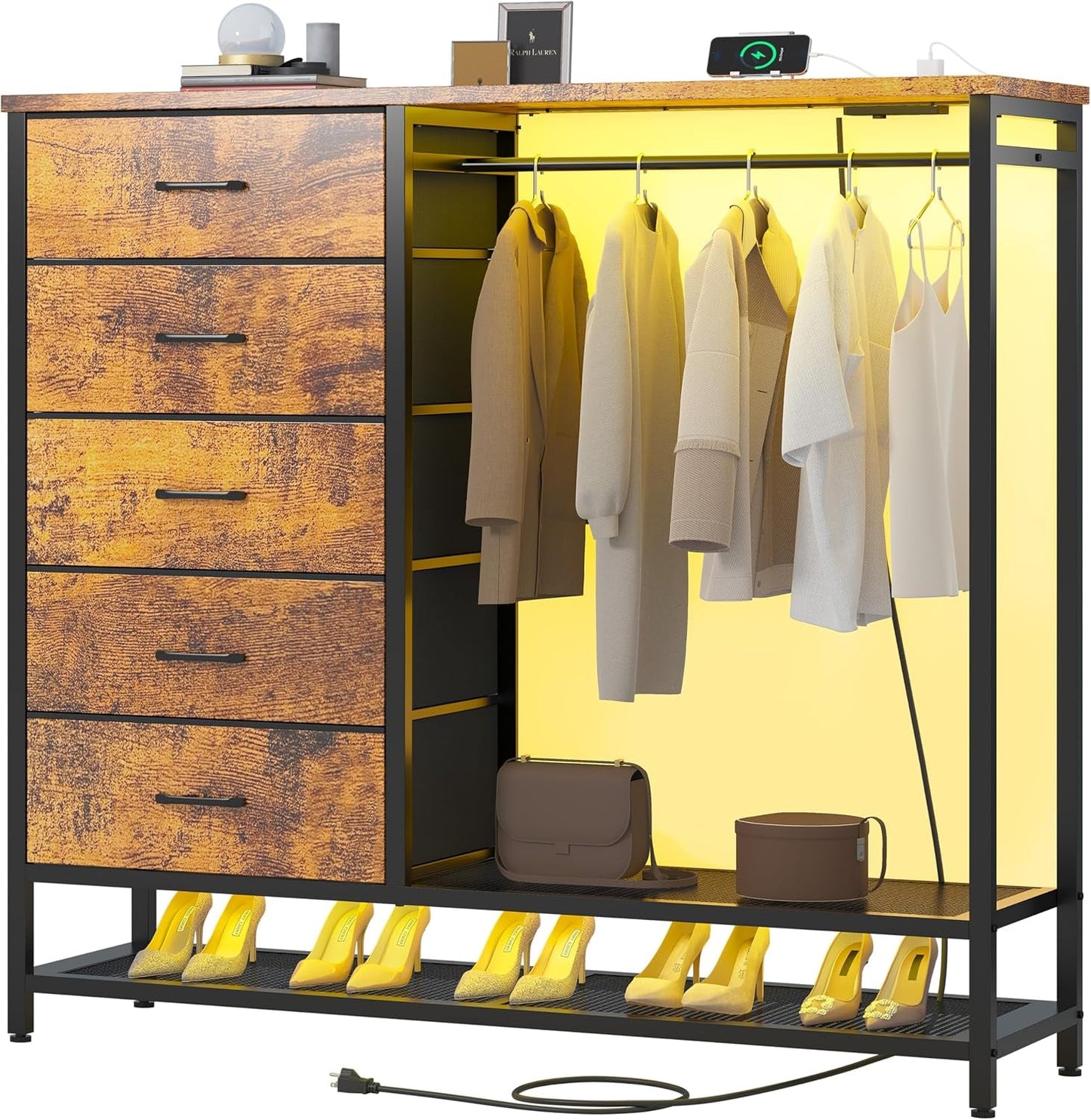 Dresser for Bedroom, Dresser with Hanging Rack Led Lights and Charging Station, Bedroom Dresser with 5 Fabric Chest of Drawers with PU Finish Storage Organizer, for Living Room Kids Room Closet, Brown-0