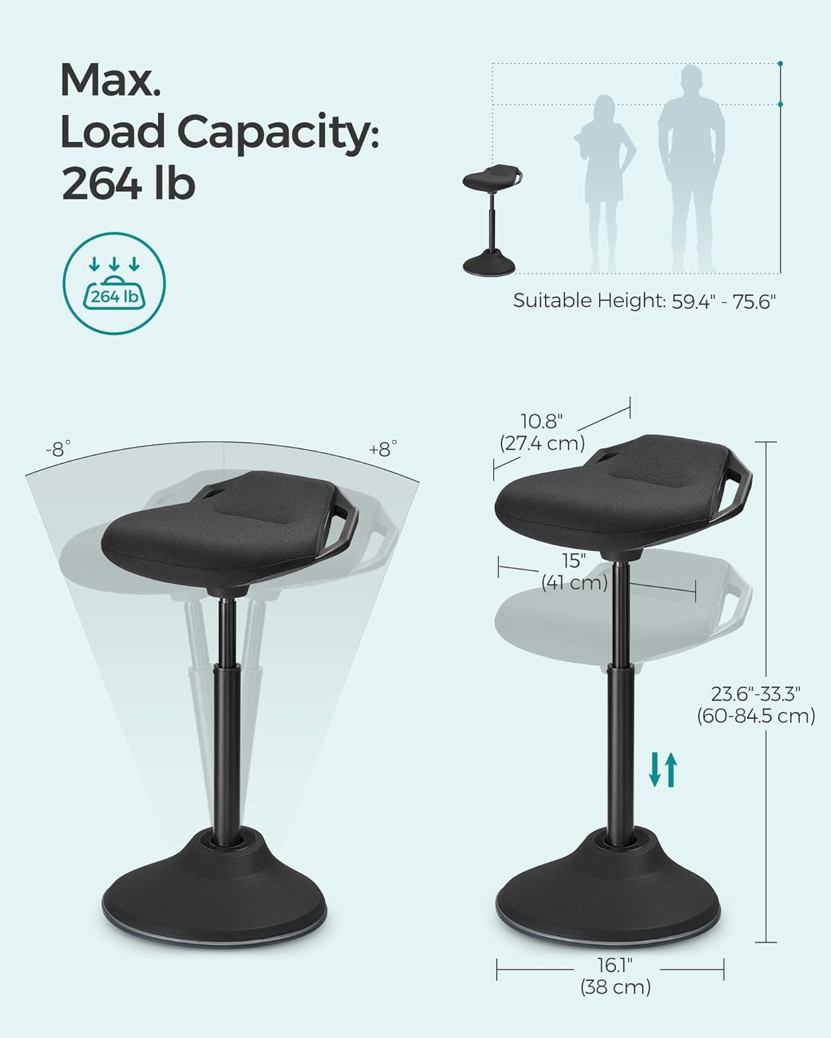 Standing Desk Chair, Adjustable Ergonomic Standing Stool, 23.6-33.3 Inches, Swivel Sitting Balance Chair, Fabric Upholstery, Anti-Slip Bottom Pad, Ink Black UOSC02BK-2