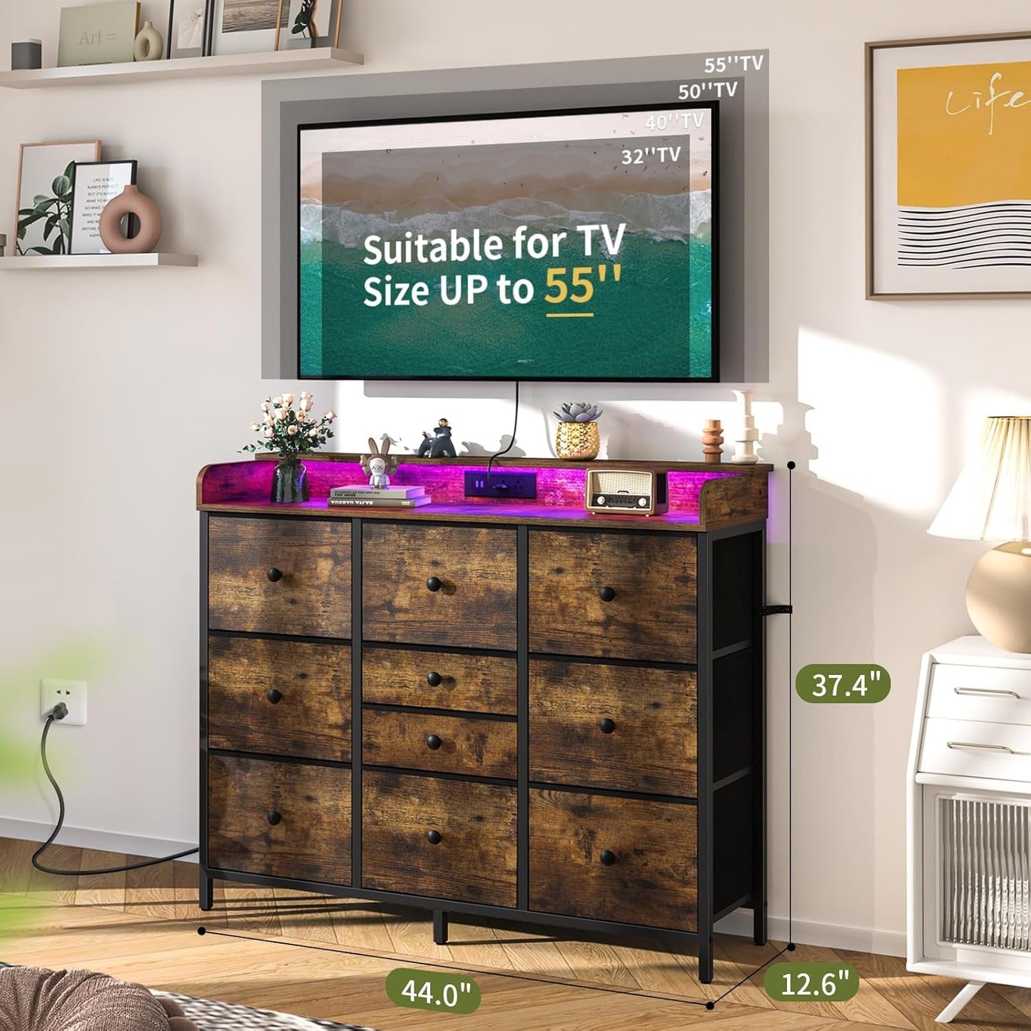 Dresser for Bedroom with Charging Station and LED Lights, Tall Dresser TV Stand with 10 Storage Drawers,Fabric Dressers & Chests of Drawers,Wood Dresser for Bedroom Closet Organizer,Brown-2