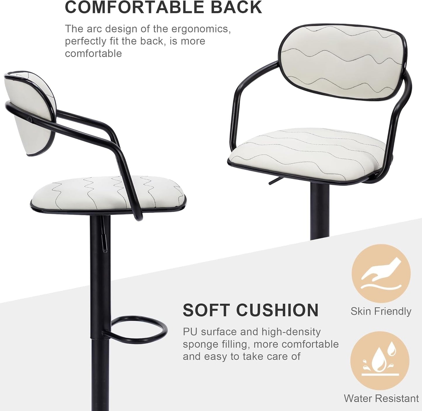 Bar Stools Set of 2, Adjustable Counter Height Barstools with Back and Arm, Swivel Bar Chairs/Pu Leather Kitchen Island Stools for Pub/Dining Room/Living Room, White-3