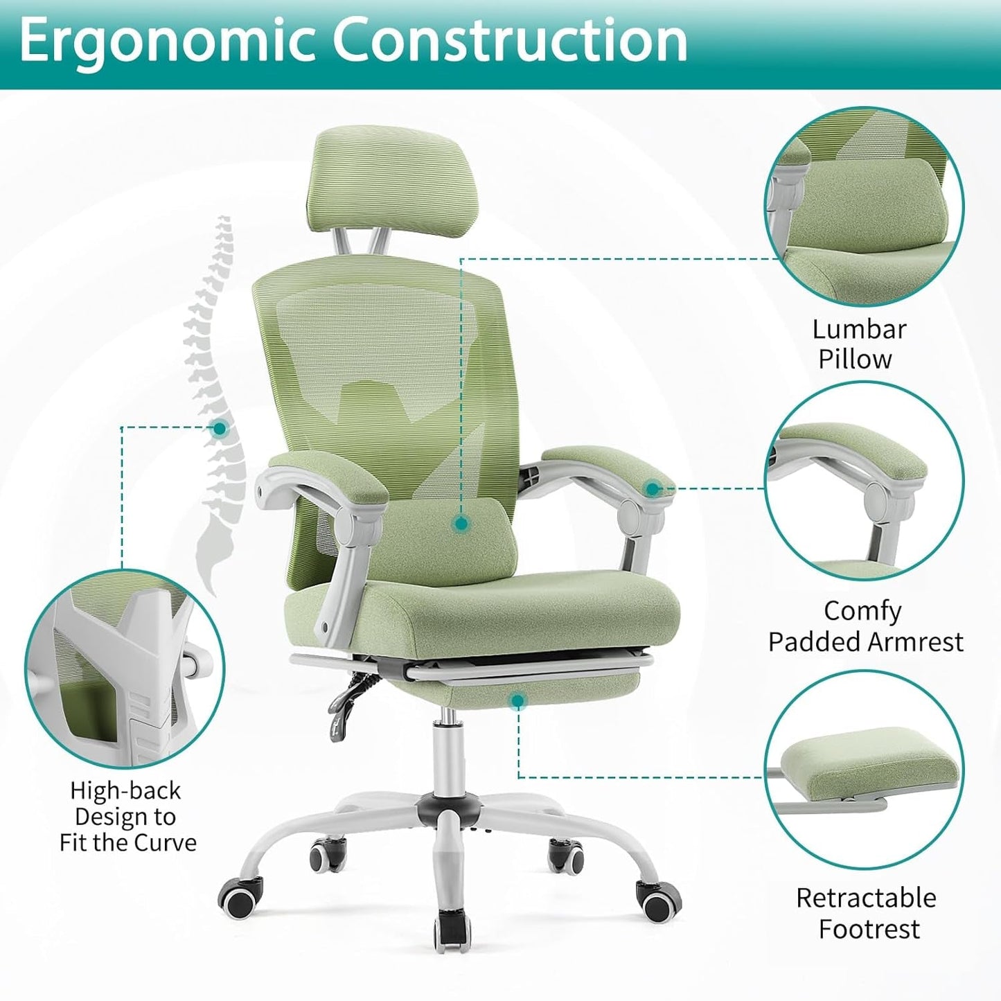 Home Office Desk Chair with Footrest, High-Back Mesh Rolling Swivel Reclining Chairs with Wheels, Comfortable Headrest, Lumbar Support, Comfy Arms for Home, Office, Gaming, Student, Green-3