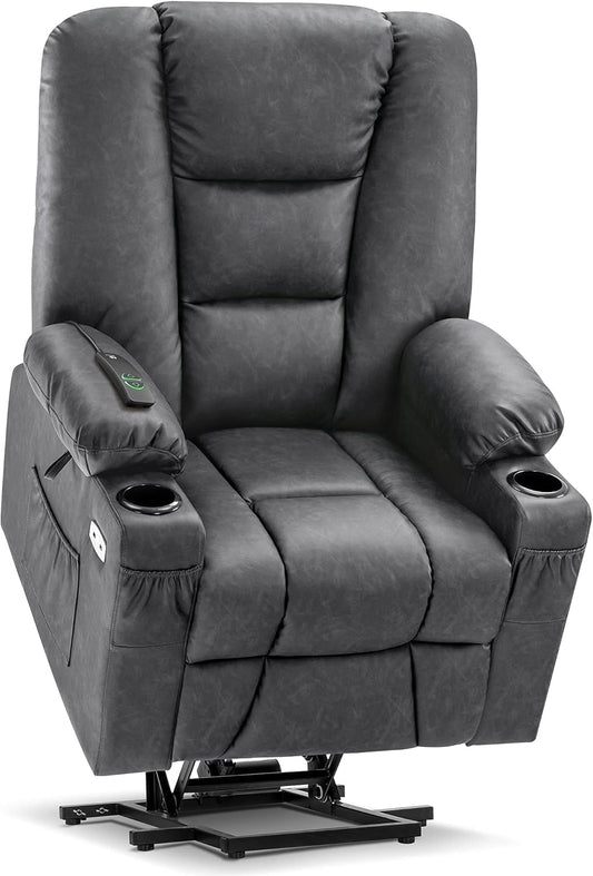 Large Power Lift Recliner Chair Sofa with Massage and Heat for Big and Tall Elderly People, 3 Positions, Cup Holders, and USB Ports, Faux Leather 7539 (Large, Dark Grey)-0