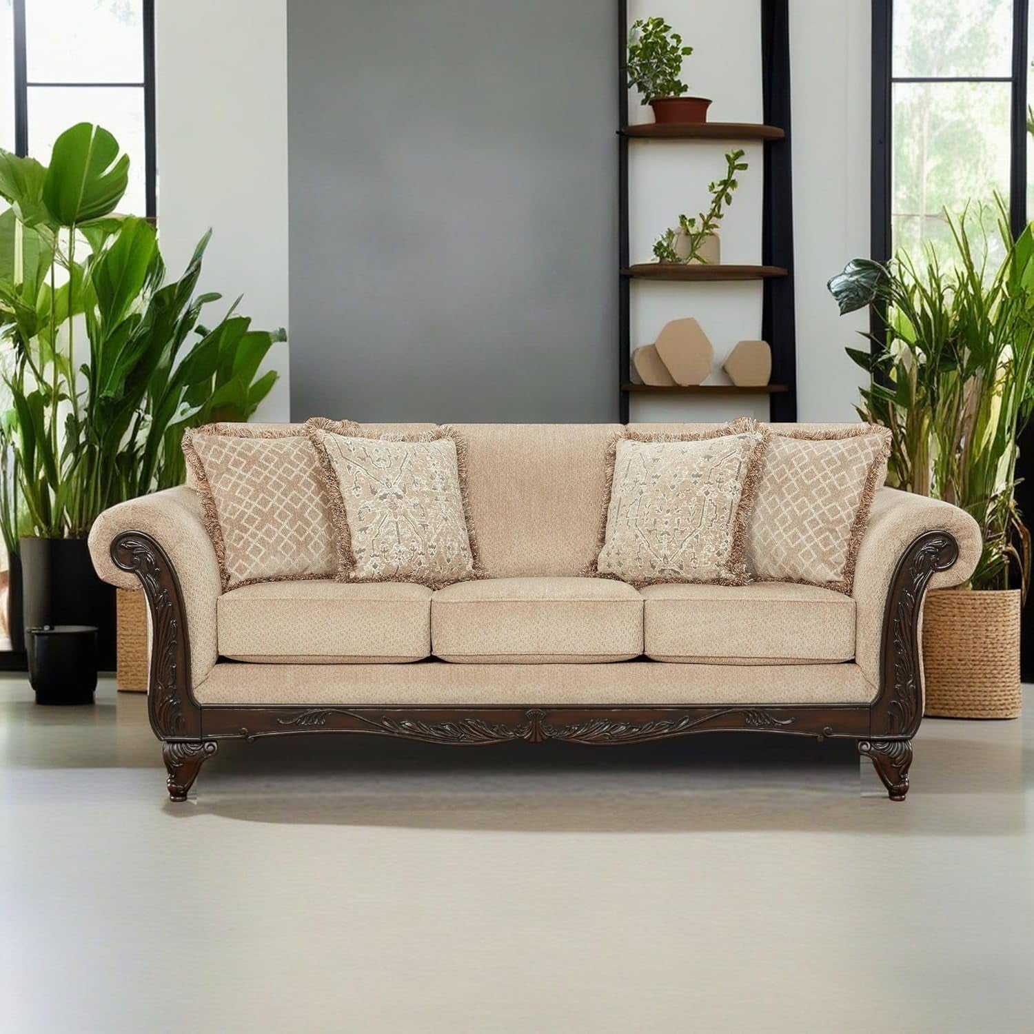 Hernen 2-Piece Living Room Set, Carved Wood Frame Sofa and Loveseat, Beige Wheat-1