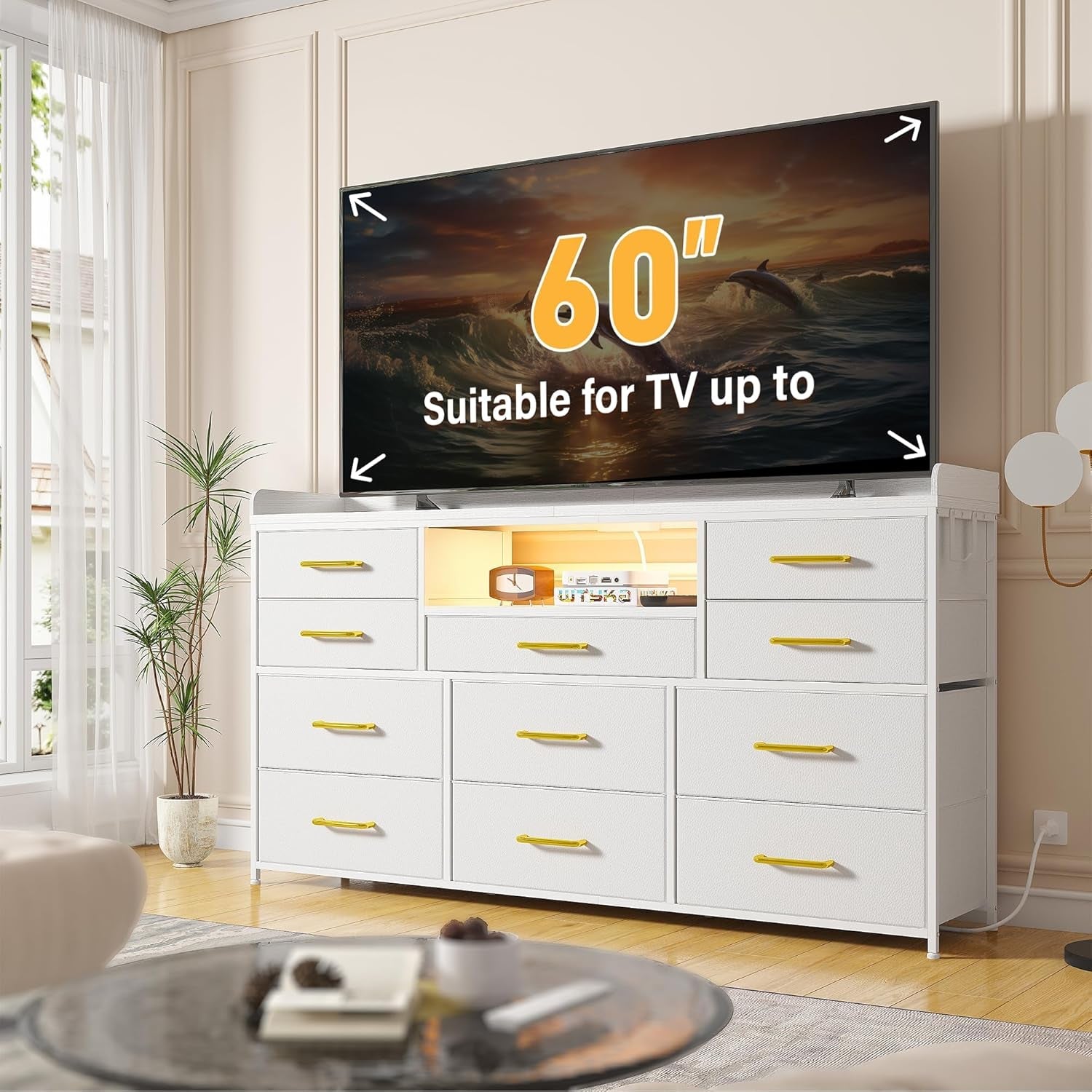 Dresser for Bedroom with 11 Drawers for 60" TV Stand for Bedroom with LED Lights & Charging Station Long Dresser with Shelves & 4 Hooks Sturdy Metal Frame & Fabric Drawers (White)-1