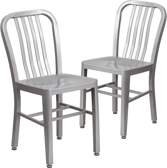 Gael Indoor/Outdoor Modern Metal Dining Chairs, Commercial-Grade Galvanized Steel Restaurant Chairs, Set of 2, Silver-0