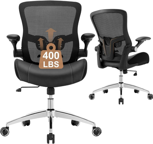 Big and Tall Office Chair 400Lbs, Heavy Duty Ergonomic Computer Desk Chair, Leather Office Desk Chair for Heavy People with Wide 3D Modeling Foam Seat, Adjustable Lumbar Support and Arms-0