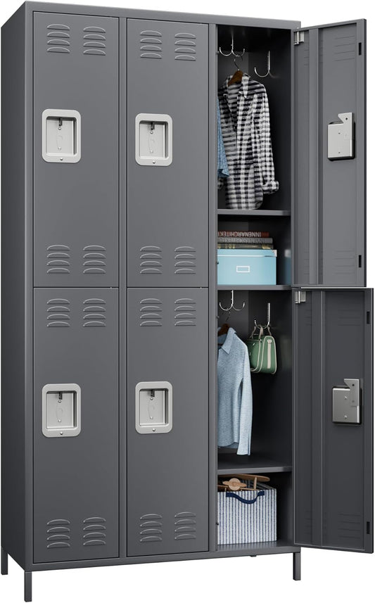 6 Doors Metal Lockers for Employees with Lock, Metal Locker with 18 Hooks for School Garage Office Gym Home,Assembly Required,Dark Grey-0