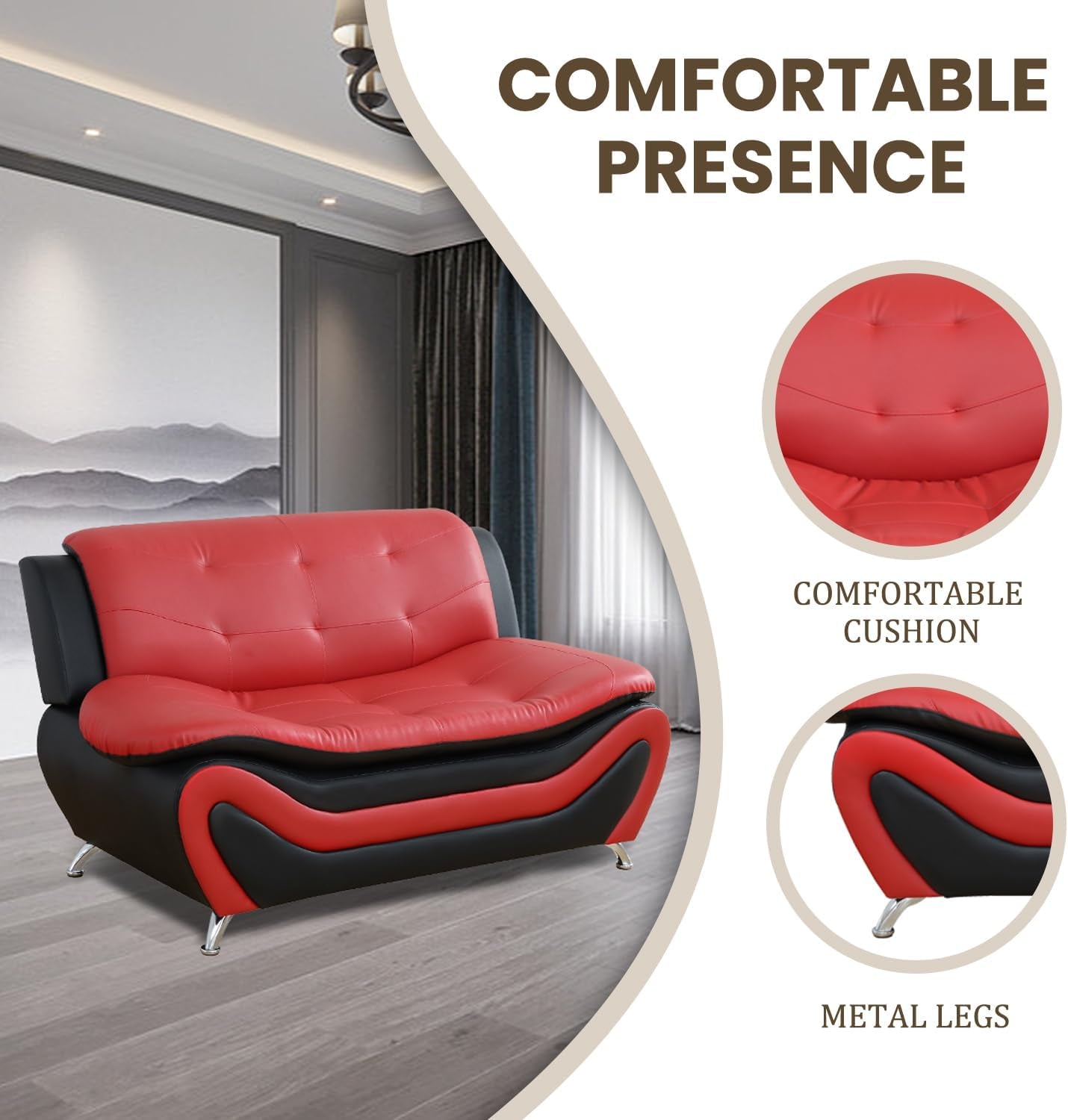 Faux Leather Sofa Couch Set, Living Room Sofa and Loveseat Set, Leather Couch and Loveseat Set for Living Room Office Home (2 Piece Leather Living Room Set, Red)-3