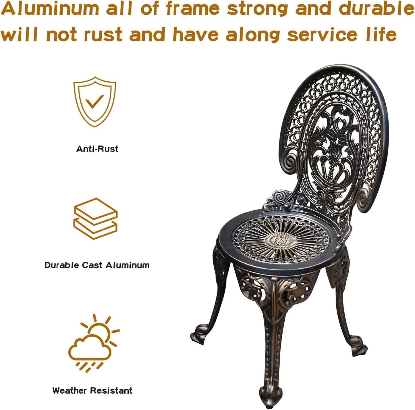Patio Bistro Set.Rust-Resistant Cast Aluminum Bistro Table Set with Umbrella Hole for Backyard (Crown Copper)-3