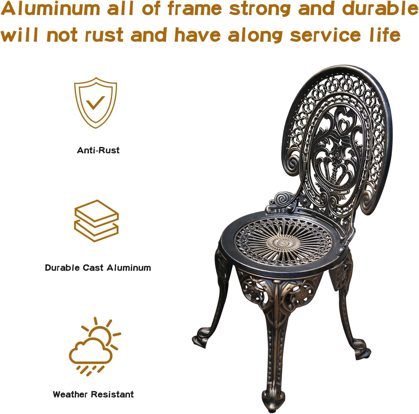 Patio Bistro Set.Rust-Resistant Cast Aluminum Bistro Table Set with Umbrella Hole for Backyard (Crown Copper)-3