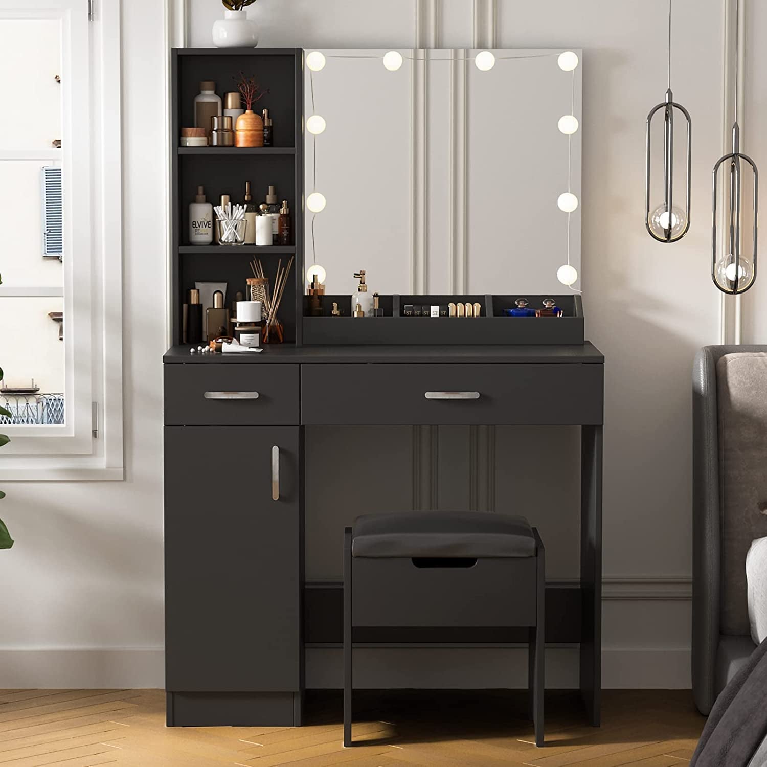 Makeup Vanity Desk with Lighted Mirror, 2 Drawers, Cabinet (Black)-0