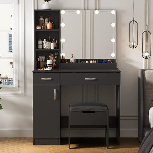 Makeup Vanity Desk with Lighted Mirror, 2 Drawers, Cabinet (Black)-0