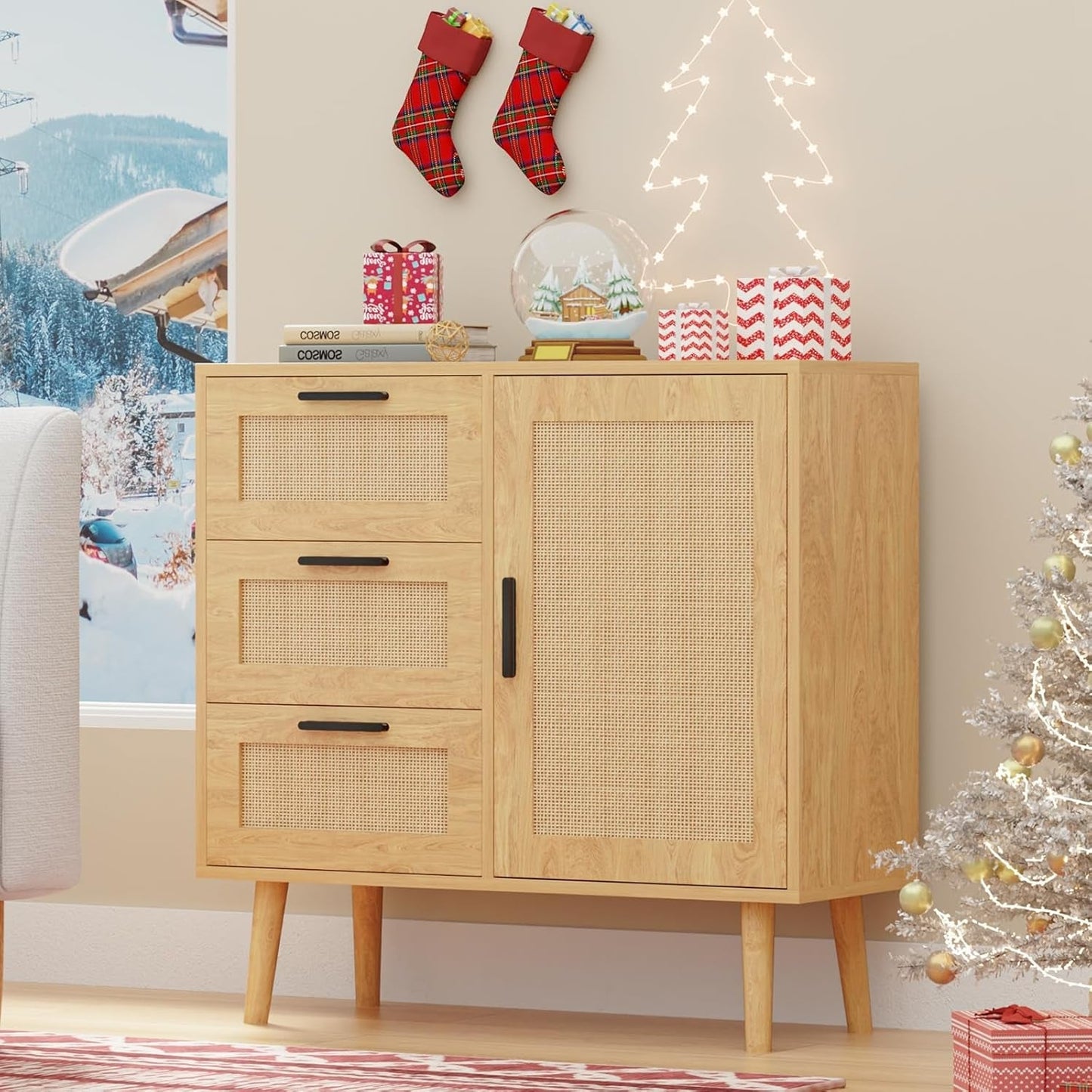 Storage Cabinet, Rattan Sideboard Cabinet with 3 Drawers & Door, Wooden Buffet Cabinet for Living Room, Dining Room, Hallway, Kitchen, Entryway…-0