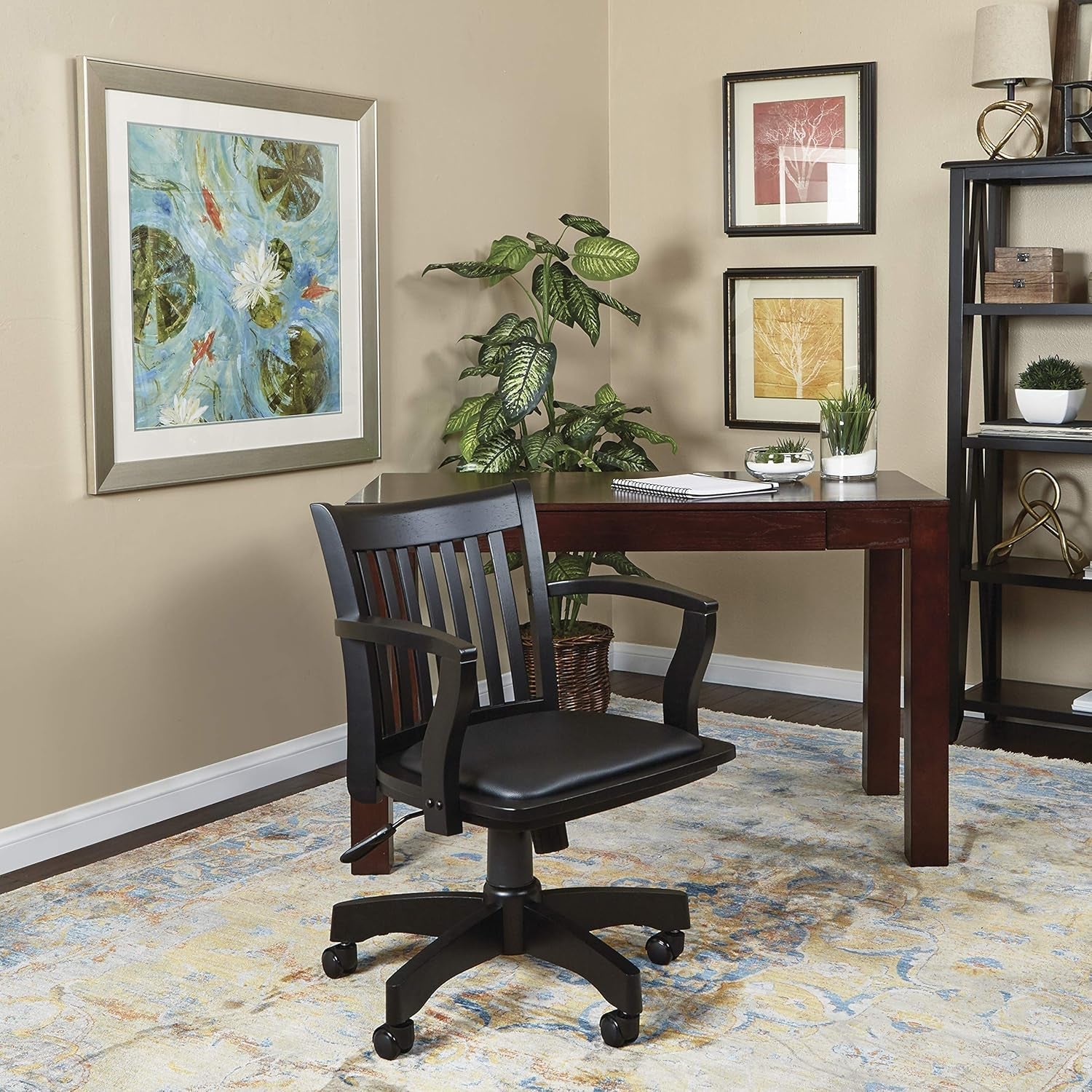 OSP Home Furnishings Deluxe Wood Banker'S Desk Chair with Padded Seat, Adjustable Height and Locking Tilt, Black Finish and Black Vinyl-1