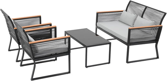 4 Piece Patio Furniture Set, Outdoor Wicker Bistro Set, All-Weather Black PE Rattan Conversation Set W/Coffee Table, Loveseat, Wood-Like Armrest, Cushions for Garden Balcony Deck, Light Grey-1