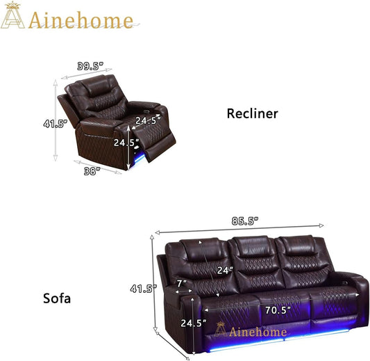 LED Power Recliner Sofa for Living Room Furniture Set, Leather Sectional Sofa Set, Reclining Sofa and Loveseat with USB Port/Storage Console/Cup Holders(Dark Brown Sofa+Chair)-1