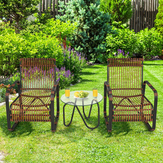 3 Pieces Patio Rattan Furniture Set with 2 Single Wicker Chairs and Glass Side Table-0