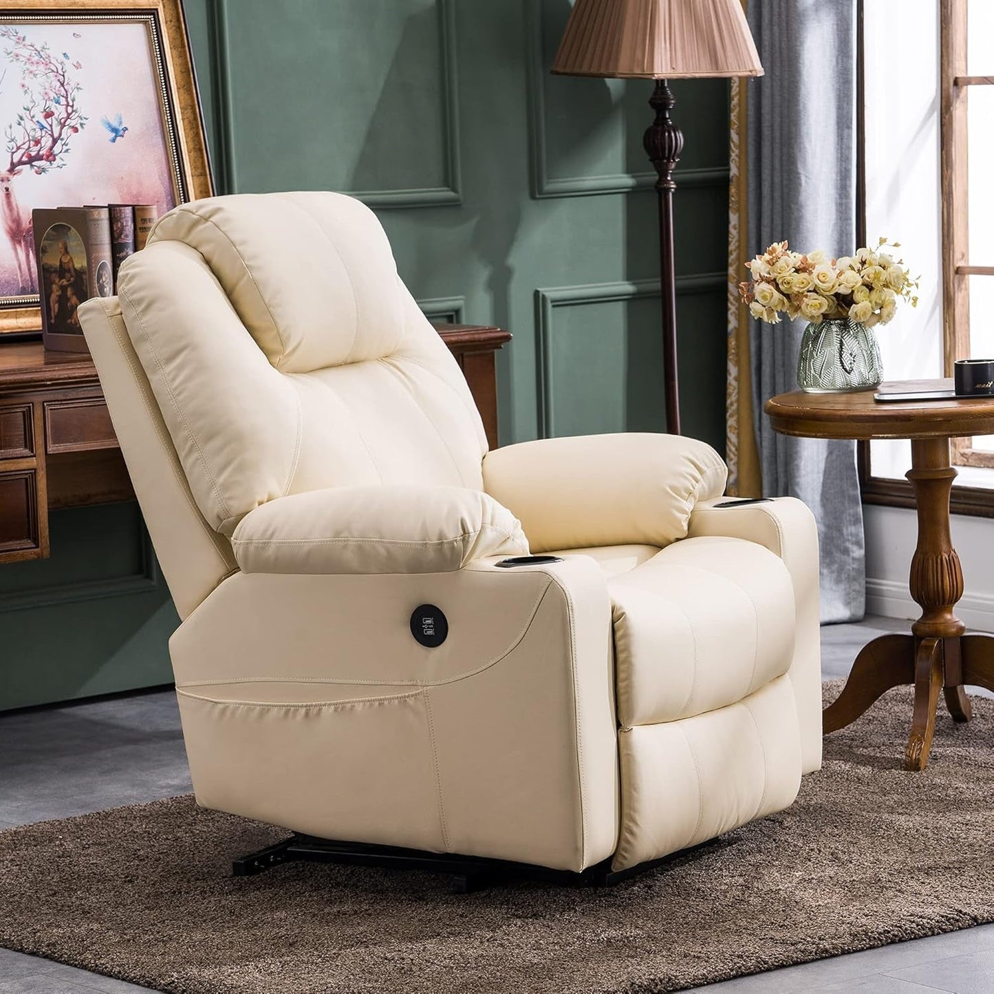 Electric Power Lift Recliner Chair Sofa with Massage and Heat for Elderly, 3 Positions, 2 Side Pockets, and Cup Holders, USB Ports, Faux Leather 7040 (Cream White, Medium)-1
