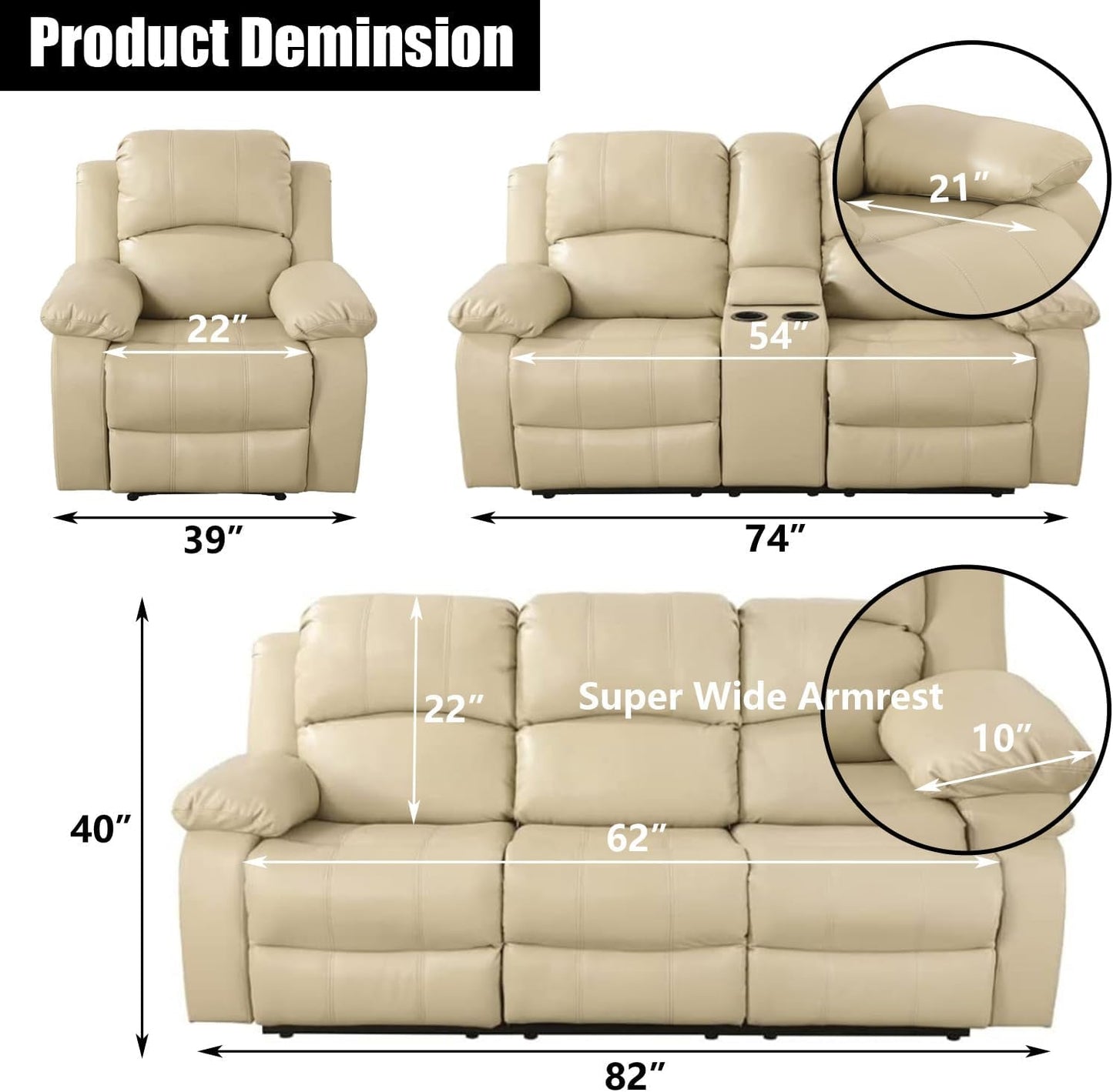Beige Leather Reclining Sofa Set for Living Room Set,Recliner Sofa with Drop down Table/Double Recliner Loveseat with Storage Console/Recliner Chair/Faux Leather-1