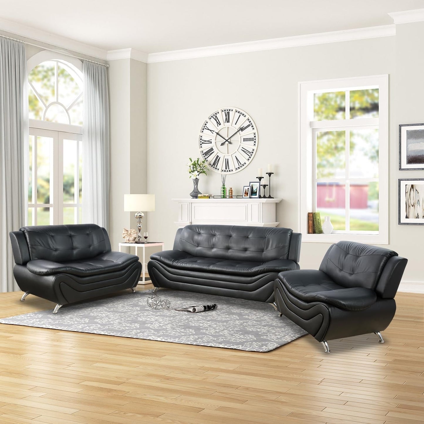 Leather Sofa Set,Leather Sofa Set for Living Room Furniture Sets, Loveseat Sofa with Chair 3-Piece for Living Room/Office/Apartment(Black)-0