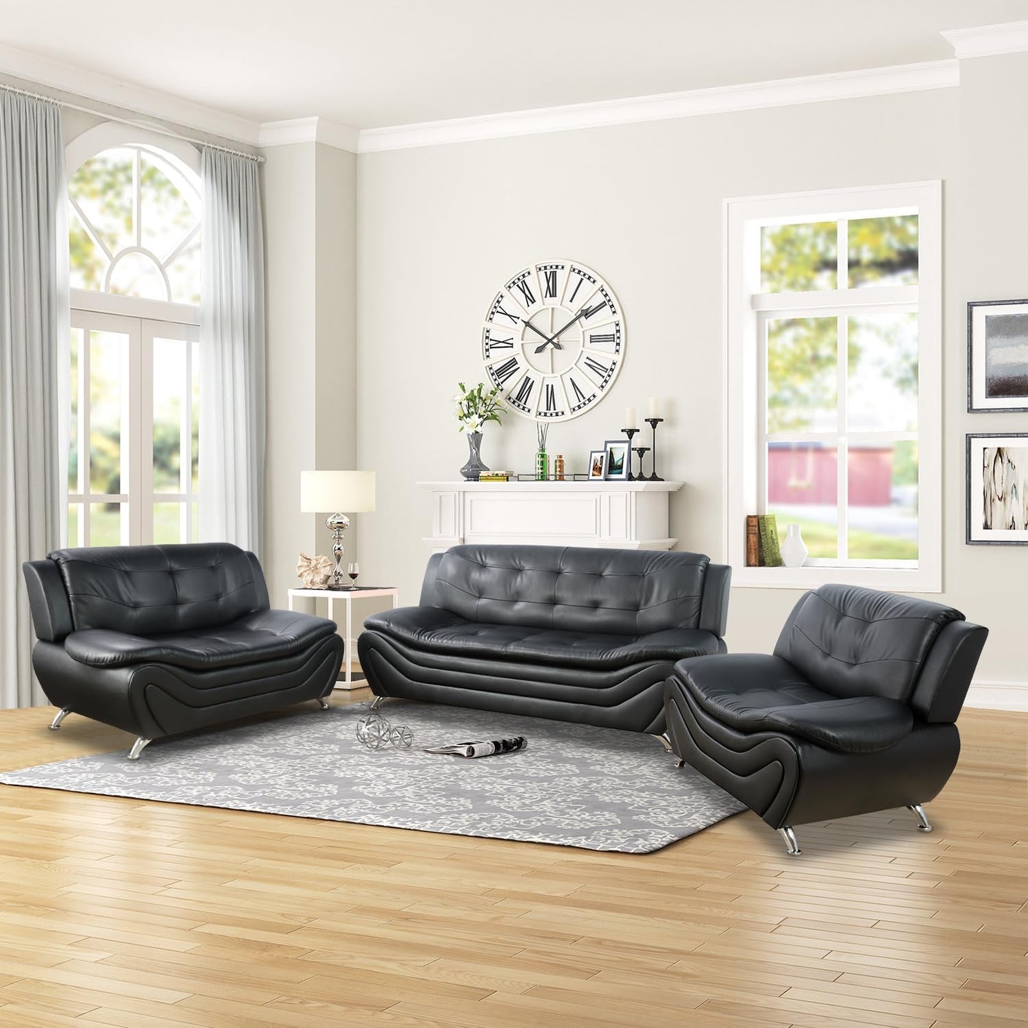 Leather Sofa Set,Leather Sofa Set for Living Room Furniture Sets, Loveseat Sofa with Chair 3-Piece for Living Room/Office/Apartment(Black)-0