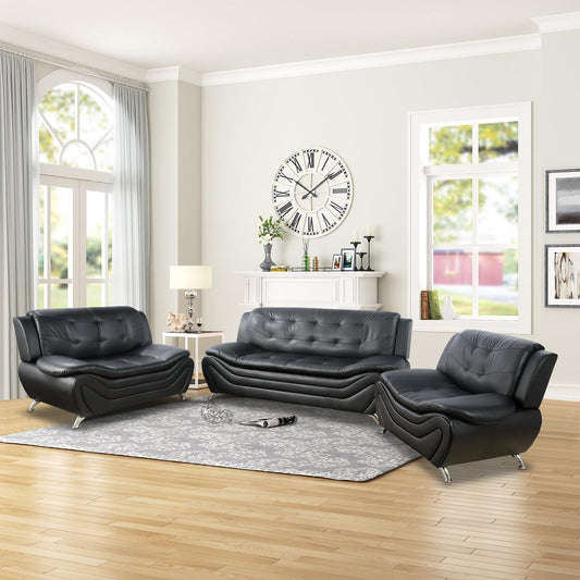 Leather Sofa Set,Leather Sofa Set for Living Room Furniture Sets, Loveseat Sofa with Chair 3-Piece for Living Room/Office/Apartment(Black)-0