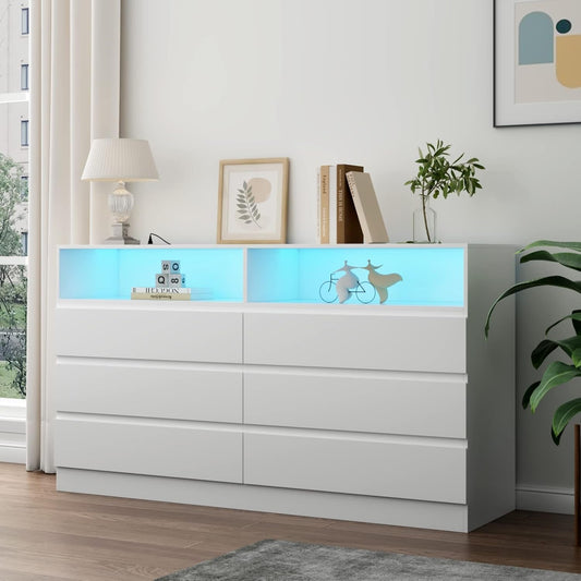White 6-Drawer Dresser, LED, Power Outlet, Modern-0