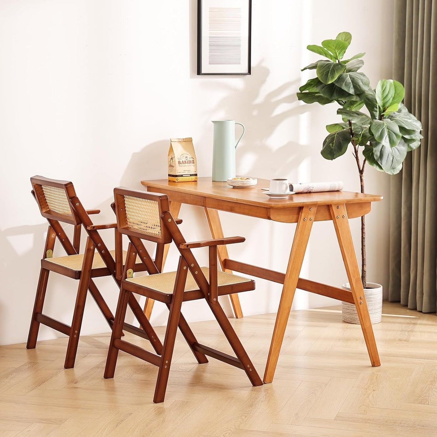 Rattan Folding Dining Chairs Set of 2, Modern Mid Century Dining Chairs with Arms, Outdoor Bamboo Chairs for Bedroom, Living Room, Reading Room, Walnut-1