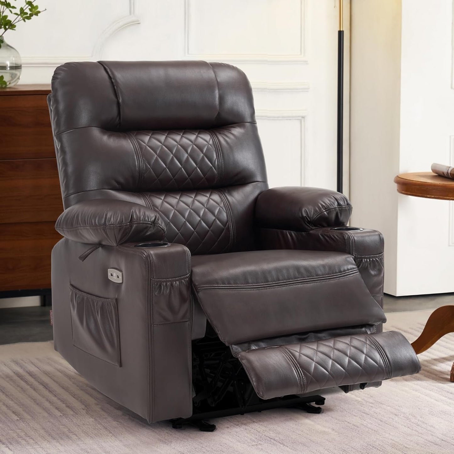 Power Recliner Chair with Heat and Vibration, Cup Holder, USB Port, Extended Footrest, Faux Leather, Electric Reclining Sofa for Living Room PR621 (Dark Brown)-1