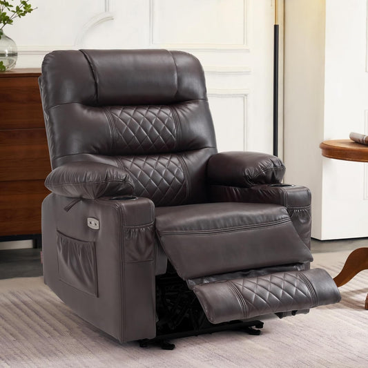 Power Recliner Chair with Heat and Vibration, Cup Holder, USB Port, Extended Footrest, Faux Leather, Electric Reclining Sofa for Living Room PR621 (Dark Brown)-1