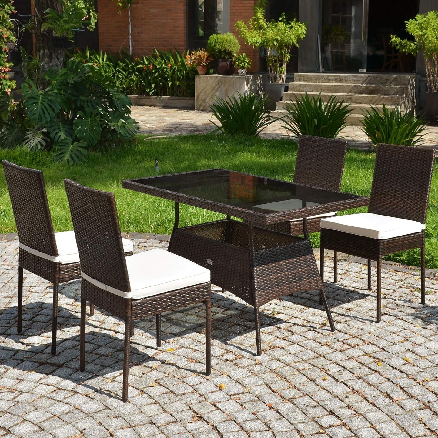 5 Piece Patio Wicker Dining Set, Outdoor Rattan Table and Chairs with W/Tempered Glass Table Top & Padded Cushions, Wicker Patio Conversation Furniture Set for Balcony Patio Garden Poolside-3