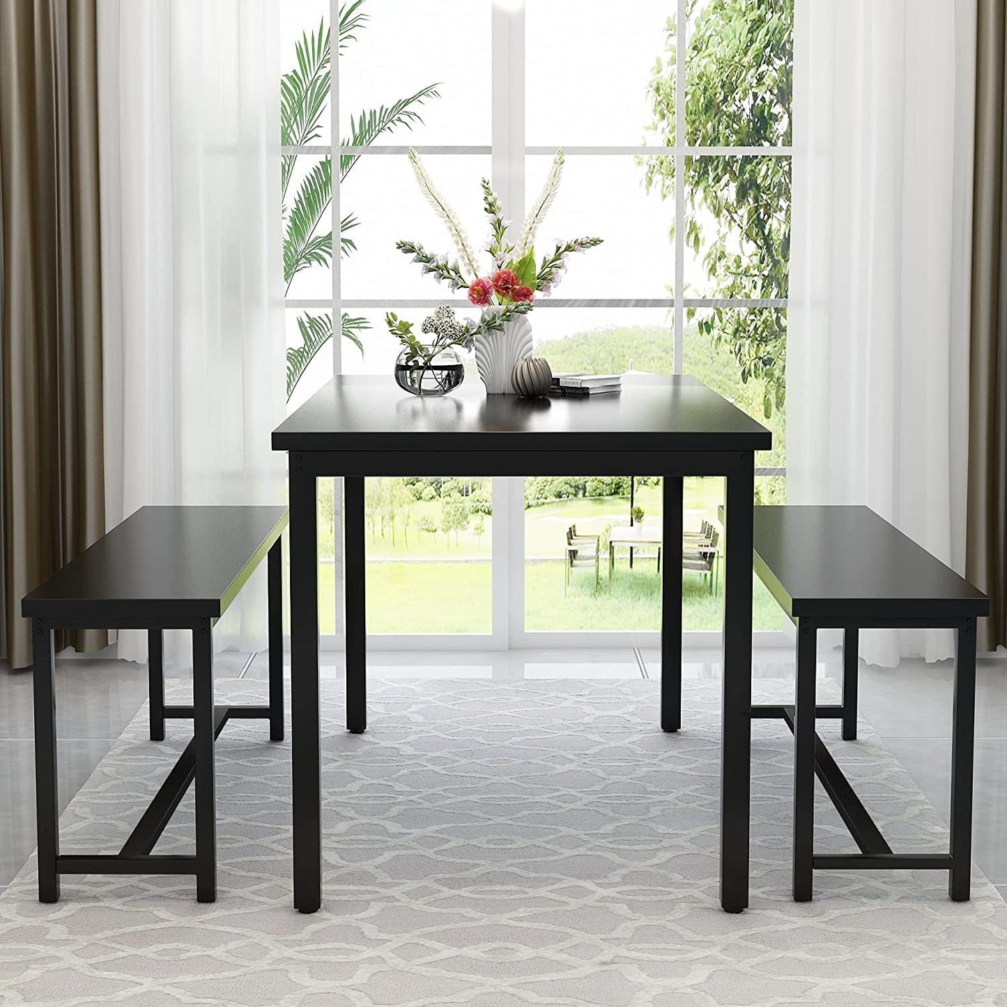 3-Piece Dining Table Set with 2 Benches, Sturdy Structure-0