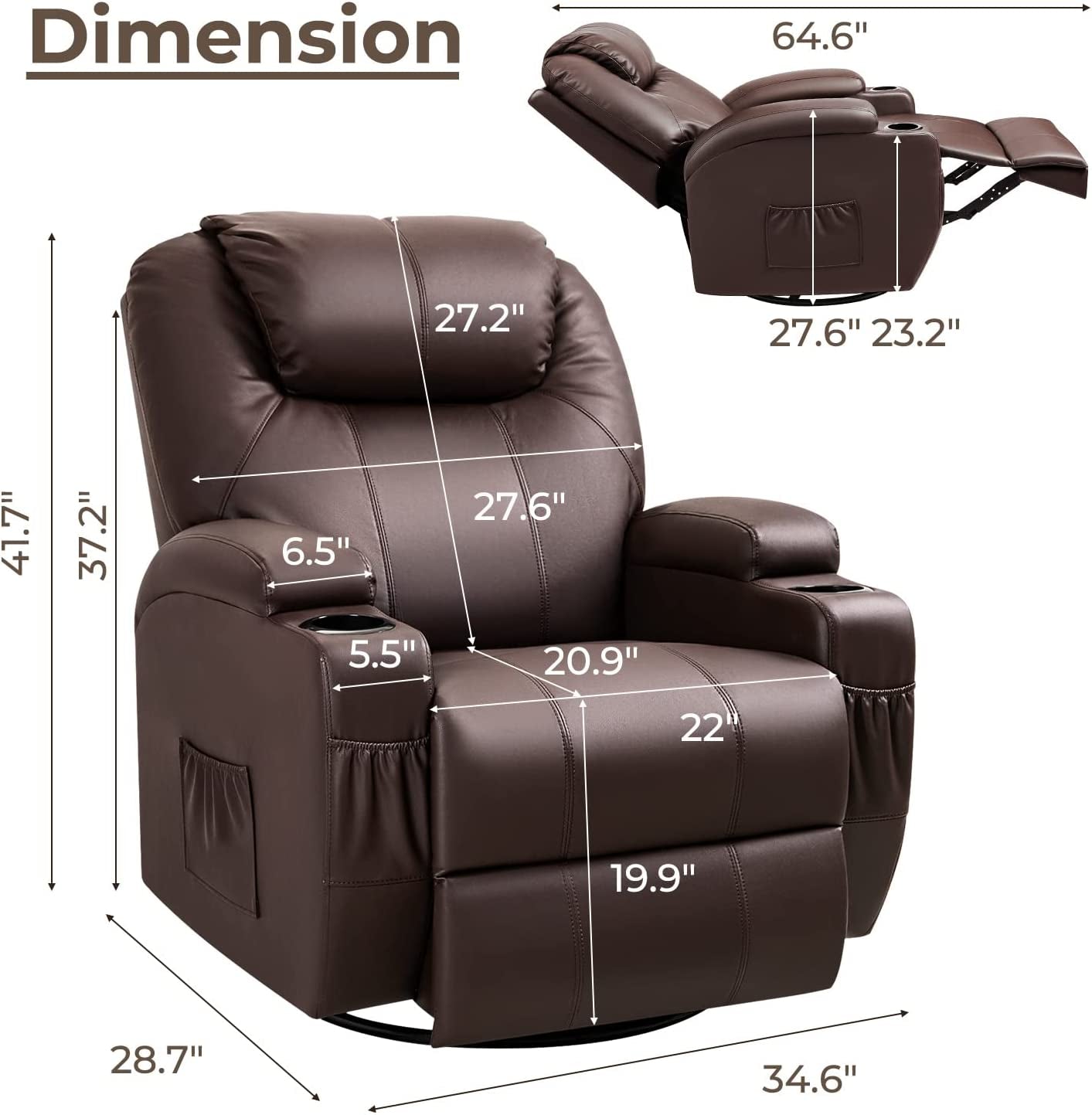 PU Leather Recliner Chair with Massage and Heat (Brown)-2