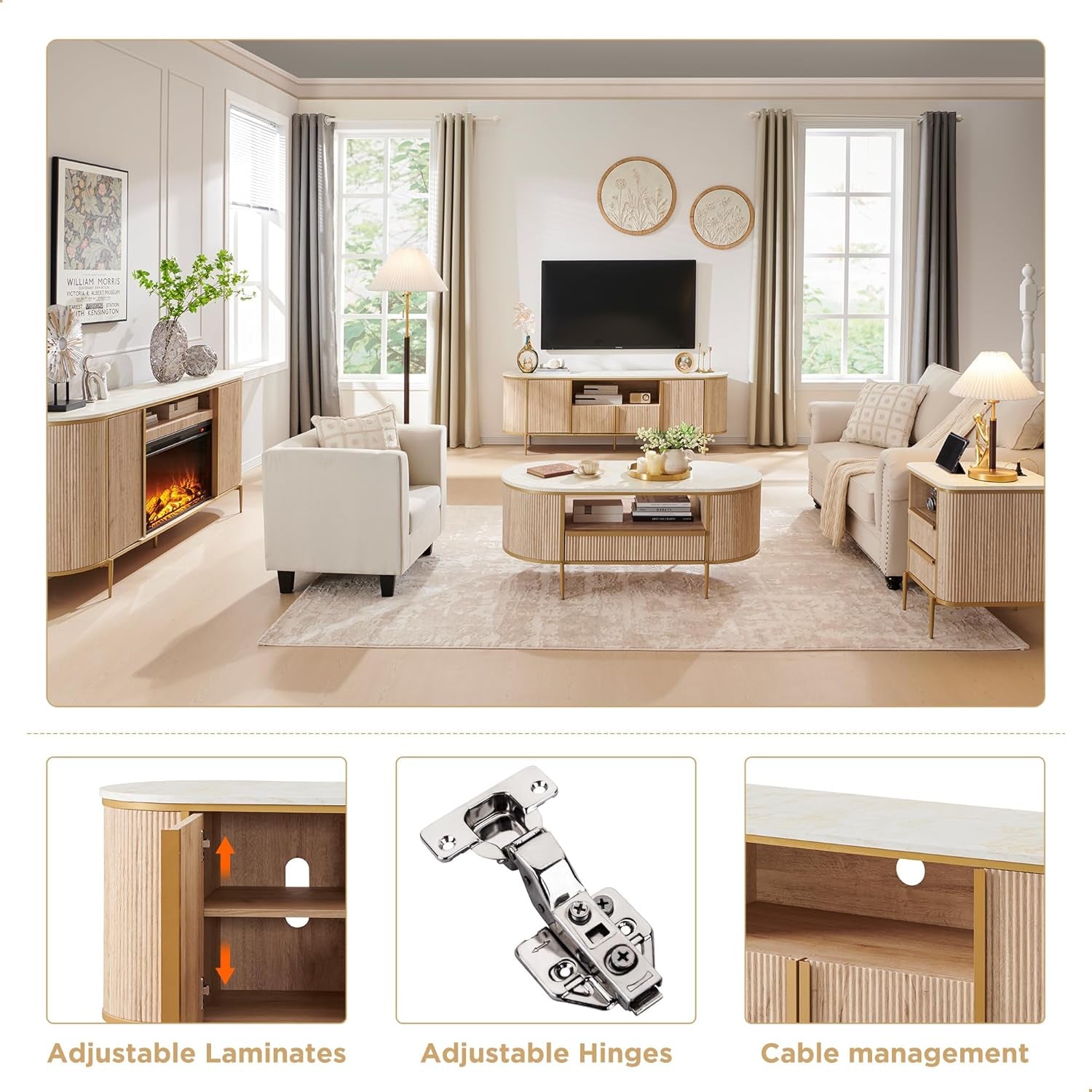 Luxury 70" Fluted TV Stand, Modern Chic Entertainment Center for Tvs up to 80 Inches, TV Console with Faux Marble Top, Curved Profile Design, Media Console for Living Room, Natural Oak-4