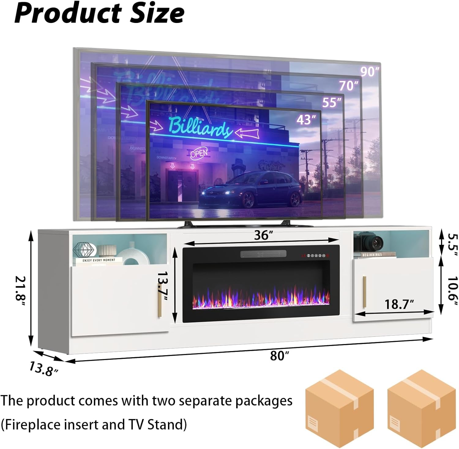 Fireplace TV Stand with 36" Fireplace，80" TV Stand with LED Light for Tvs up to 85"，Entertainment Center Console Table with Highlight Storage Cabinets (White)-1