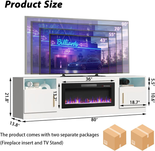 Fireplace TV Stand with 36" Fireplace，80" TV Stand with LED Light for Tvs up to 85"，Entertainment Center Console Table with Highlight Storage Cabinets (White)-1